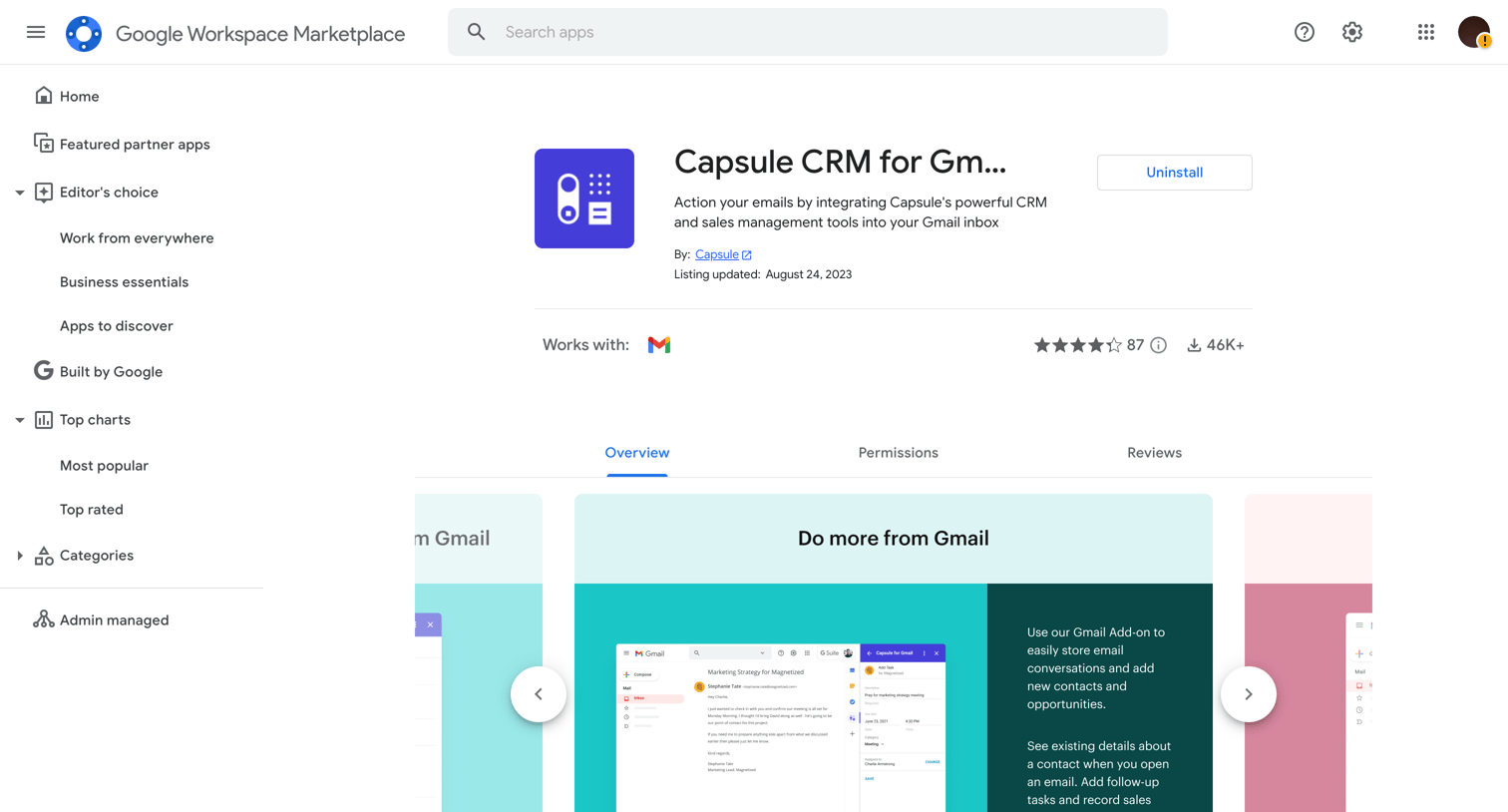 Capsule - Capsule CRM for Gmail - Google Workspace Marketplace screen