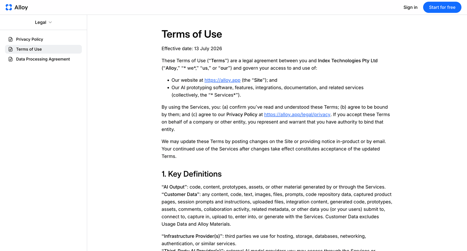 Alloy - Terms of Use · Alloy screen