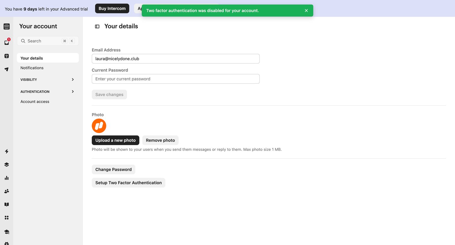 Intercom - Your details | Nicelydone  Intercom screen