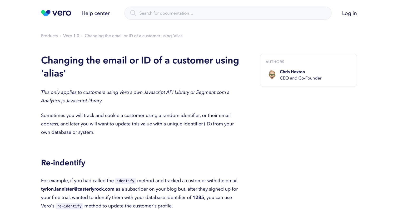 Vero - Changing The Email Or Id Of A Customer Using alias - Vero screen