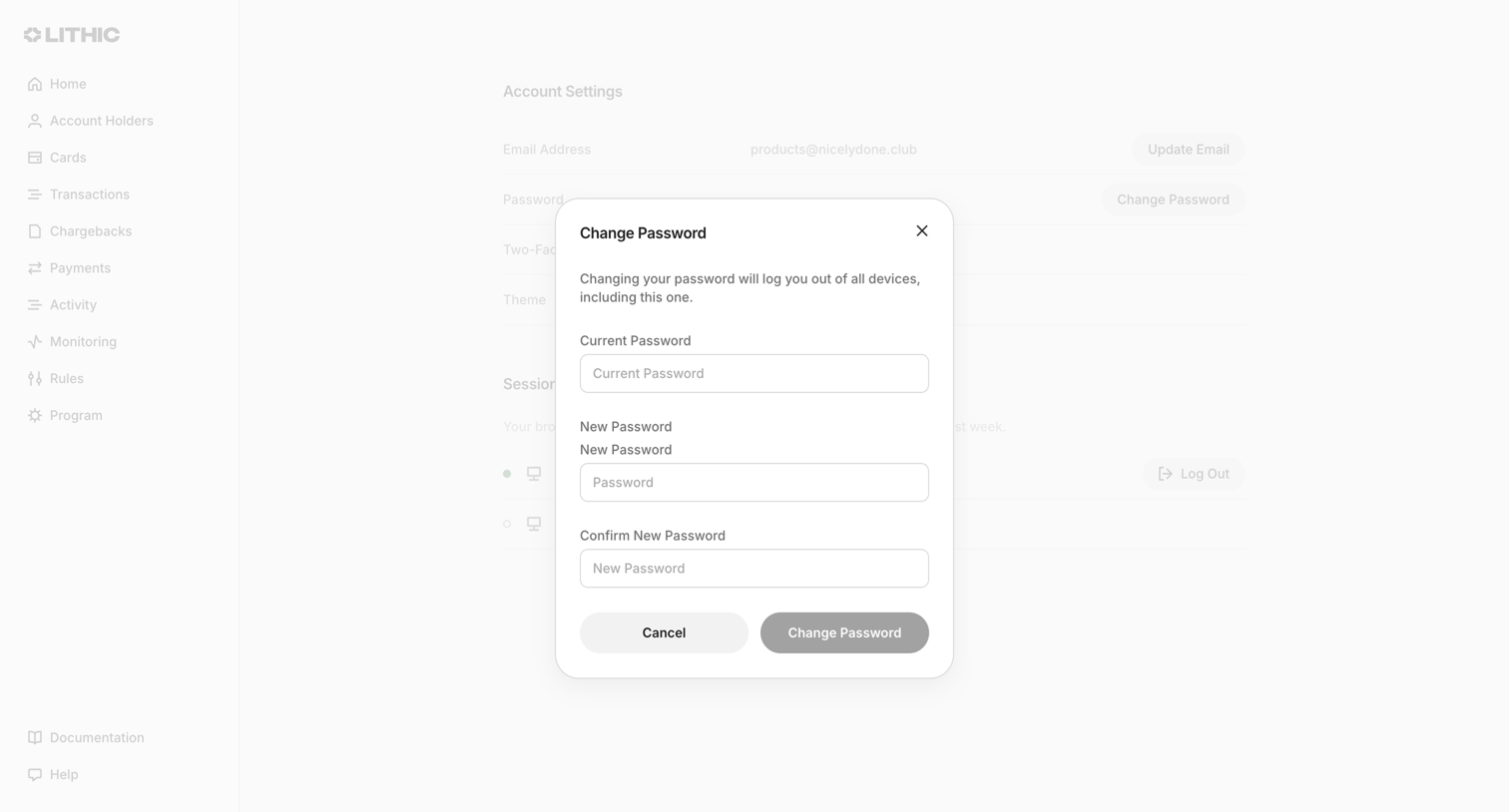 Lithic - Lithic - Account Settings screen