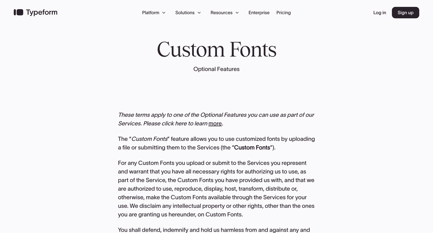 Typeform - Custom Fonts (Beta) - Typeform screen