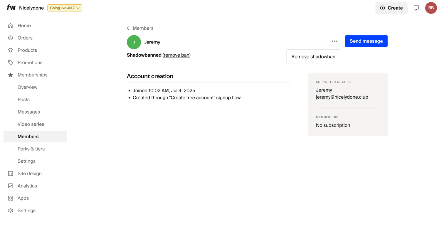Fourthwall - Jeremy – Dashboard screen