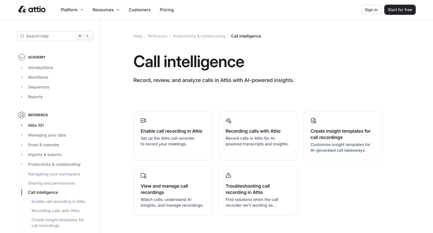 Attio - Call intelligence Attio Help Center screen
