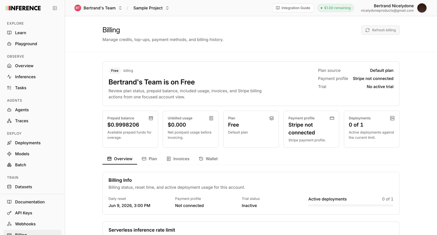 Inference - Dashboard | inference.net screen