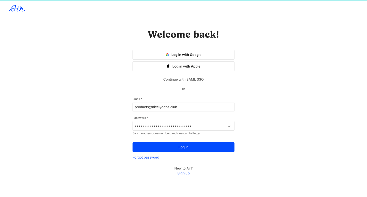 Air - Log in / Air screen
