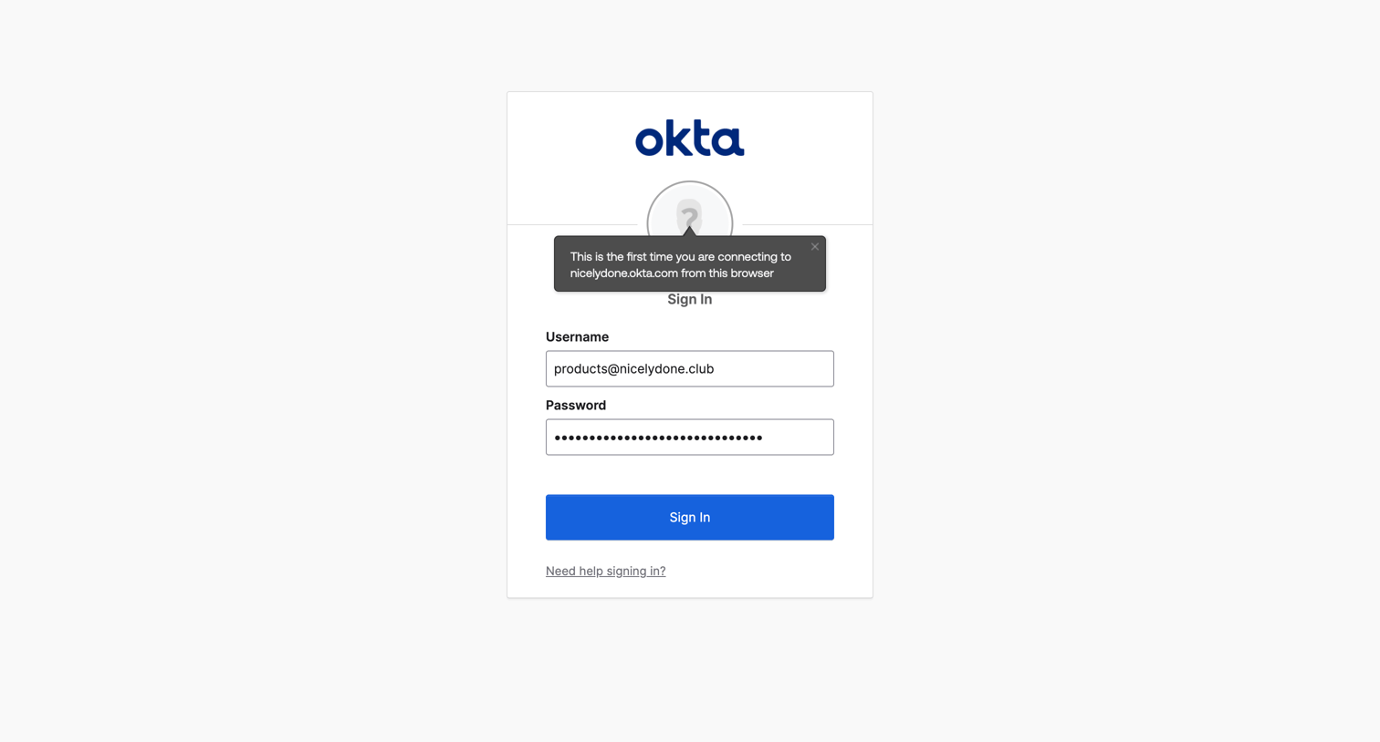 Okta - Sign In screen