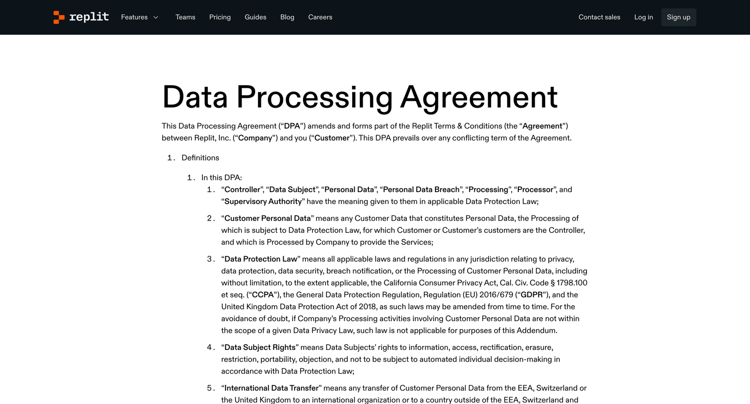 Replit - Data Processing Agreement - Replit screen
