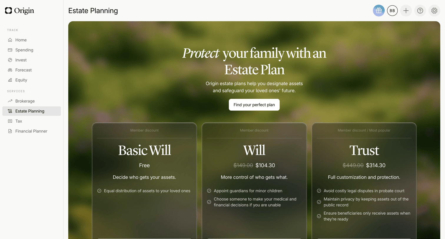 Origin Financial screen