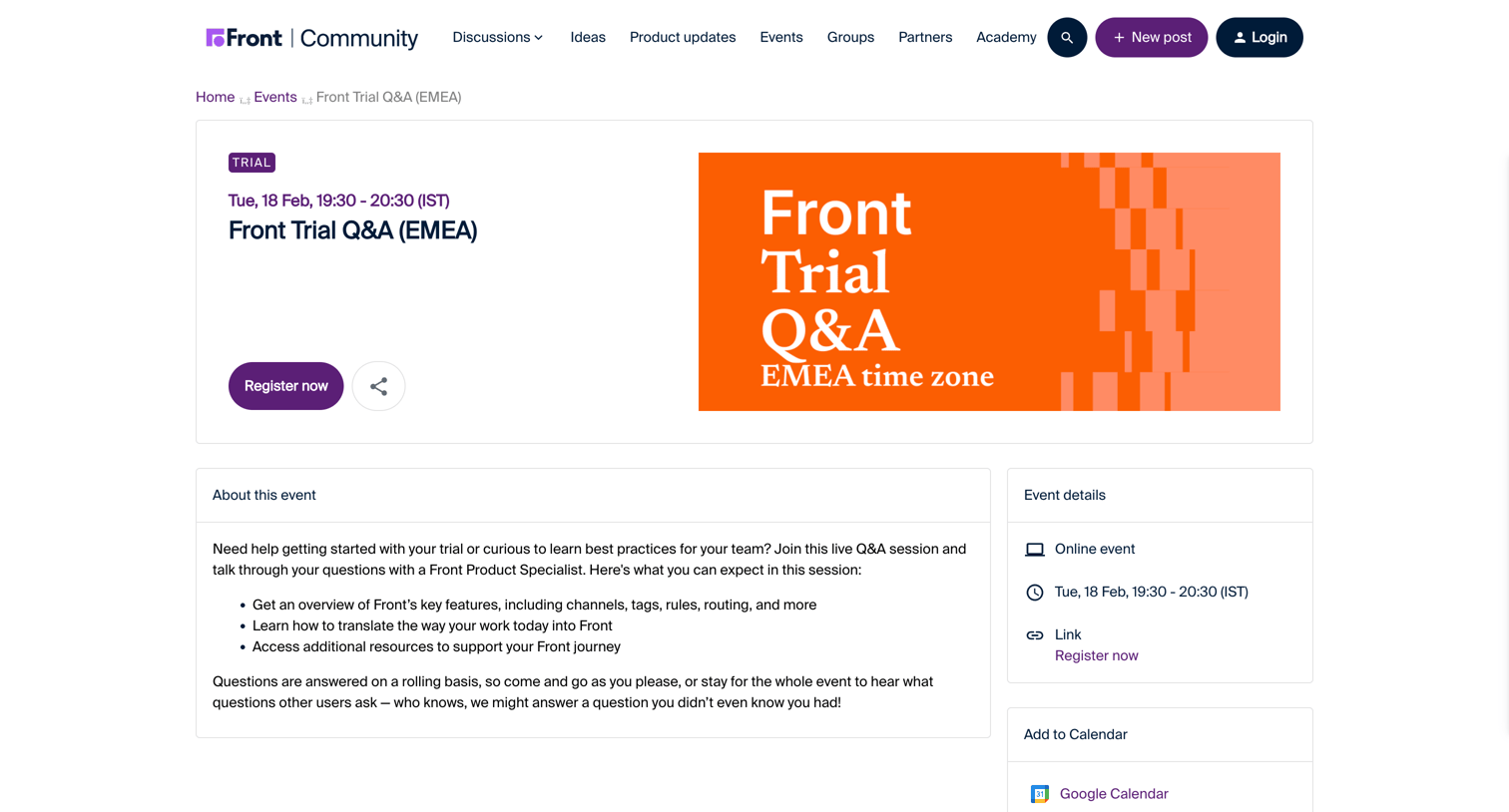 Front - Front Trial QA (EMEA), Tue, 18 Feb. 2025 at 1400, EuropeDublin | Commun screen