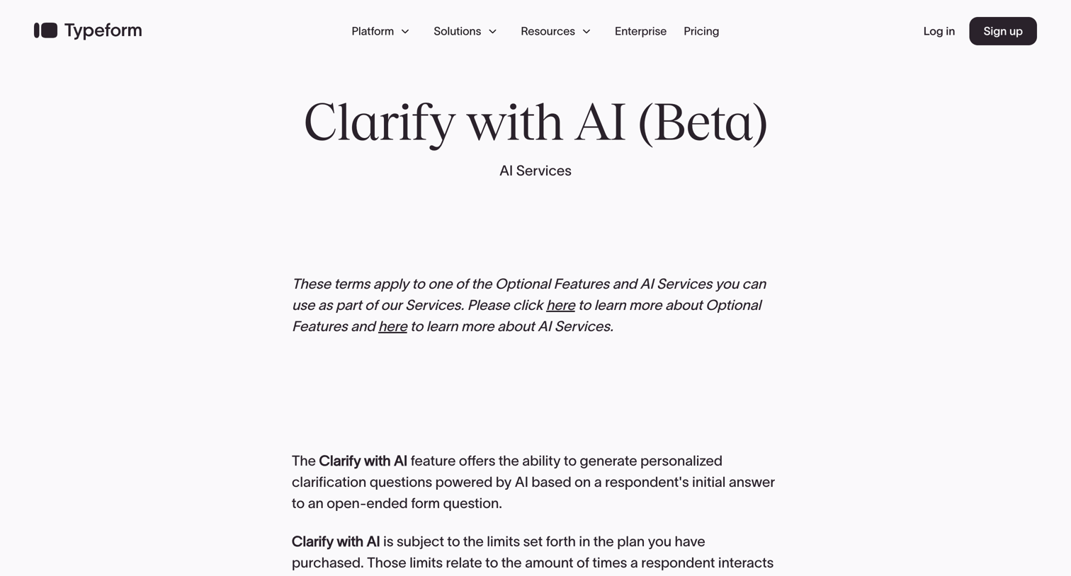 Typeform - Clarify with AI (Beta) screen