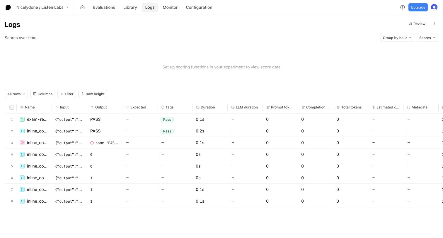 Braintrust - Logs - Listen Labs - Braintrust screen