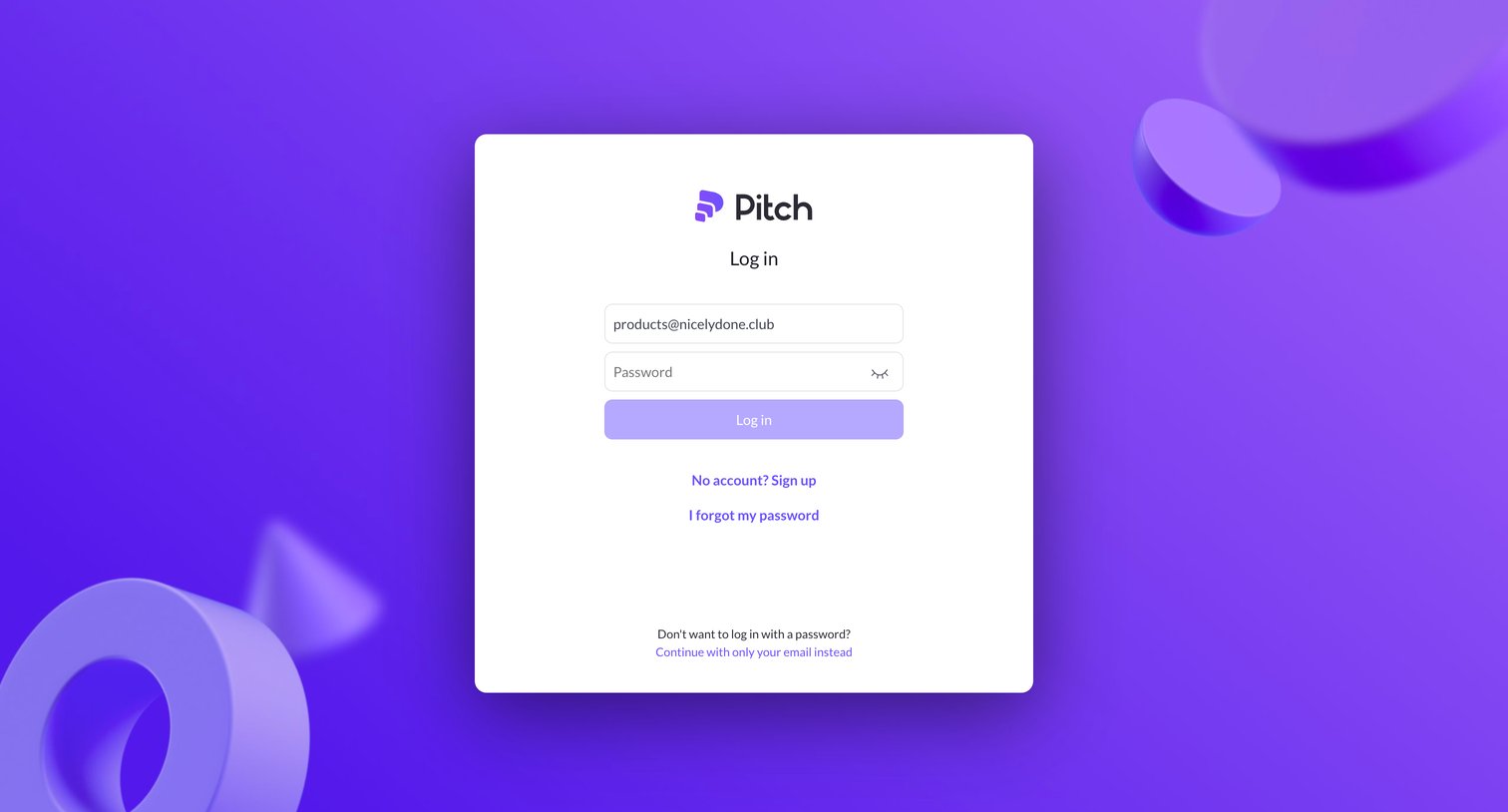 Pitch - Login to Pitch screen