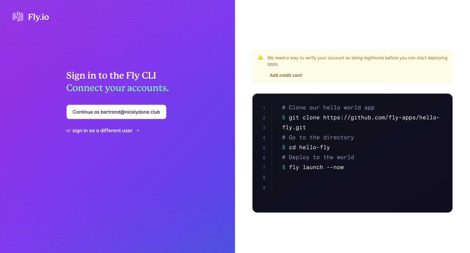 Fly - CLI Sign in · Fly screen