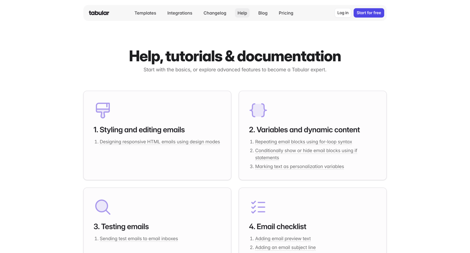 Tabular - Help Center: tutorials & documentation screen