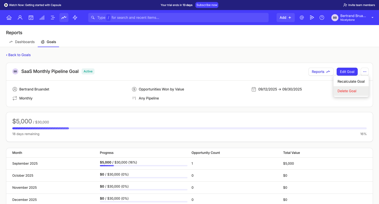 Capsule - SaaS Monthly Pipeline Goal | Goals | Nicelydone CRM screen