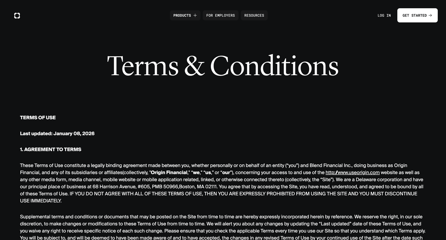 Origin Financial - Terms & Conditions screen