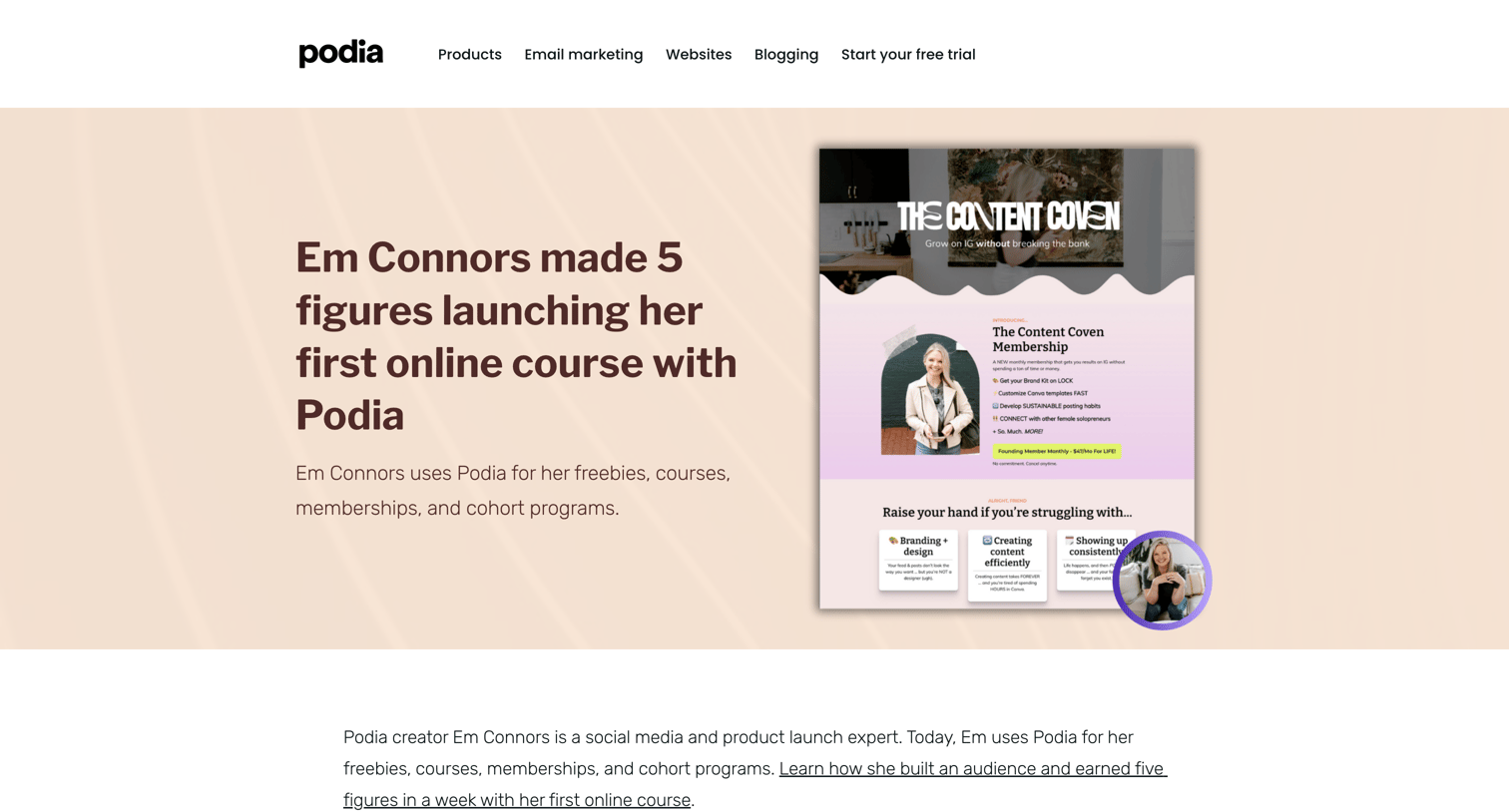 Podia - Em Connors made 5 figures launching her first online course with screen
