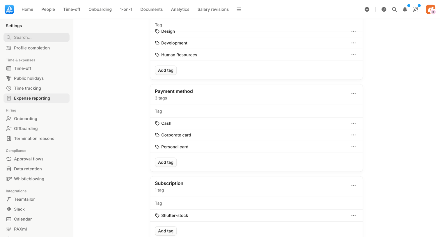 Aboard - Expense reporting tags | Settings | Aboard screen