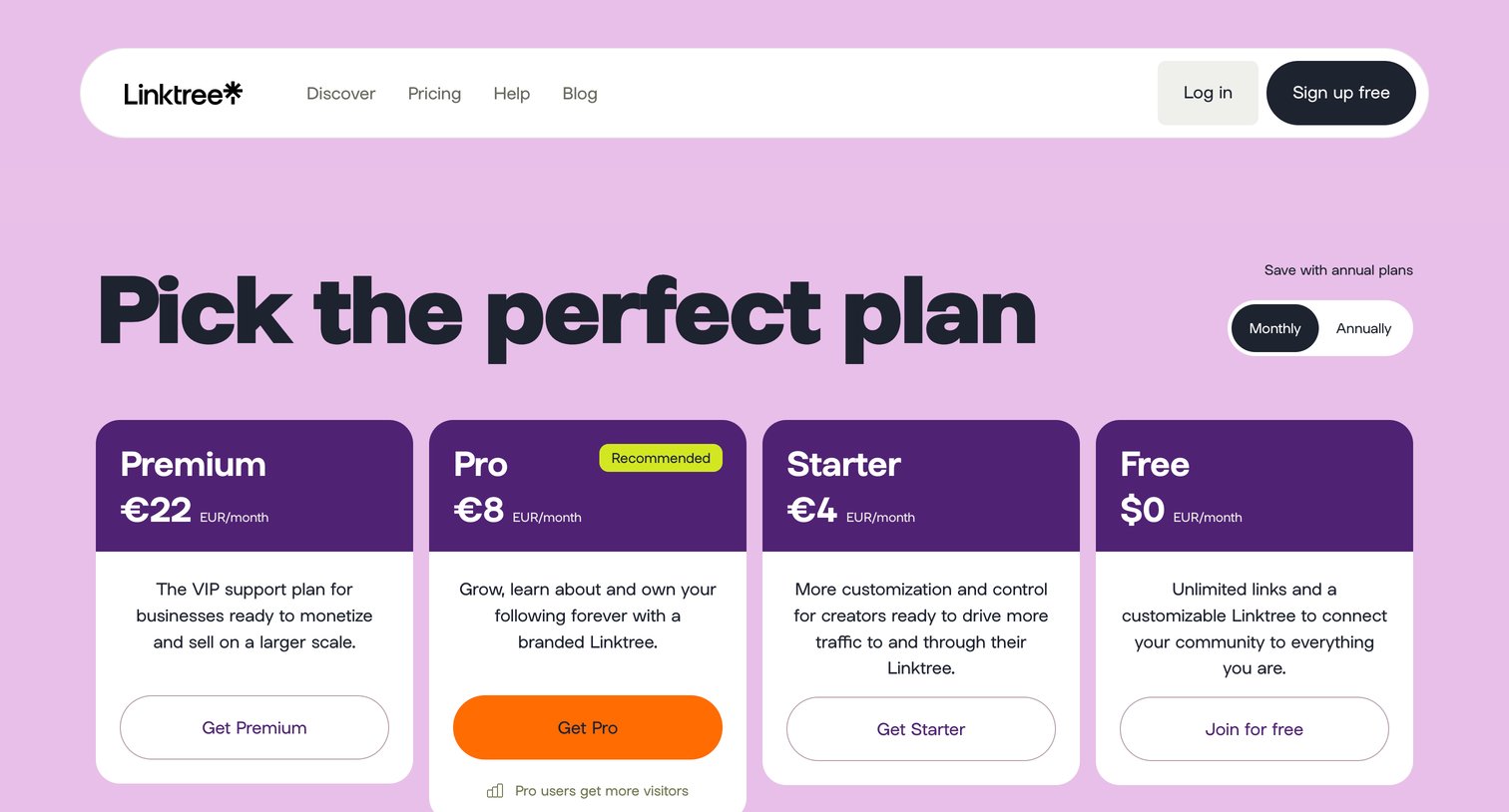 Linktree - Linktree Free, Starter, Pro and Premium Pricing | Compare Features screen