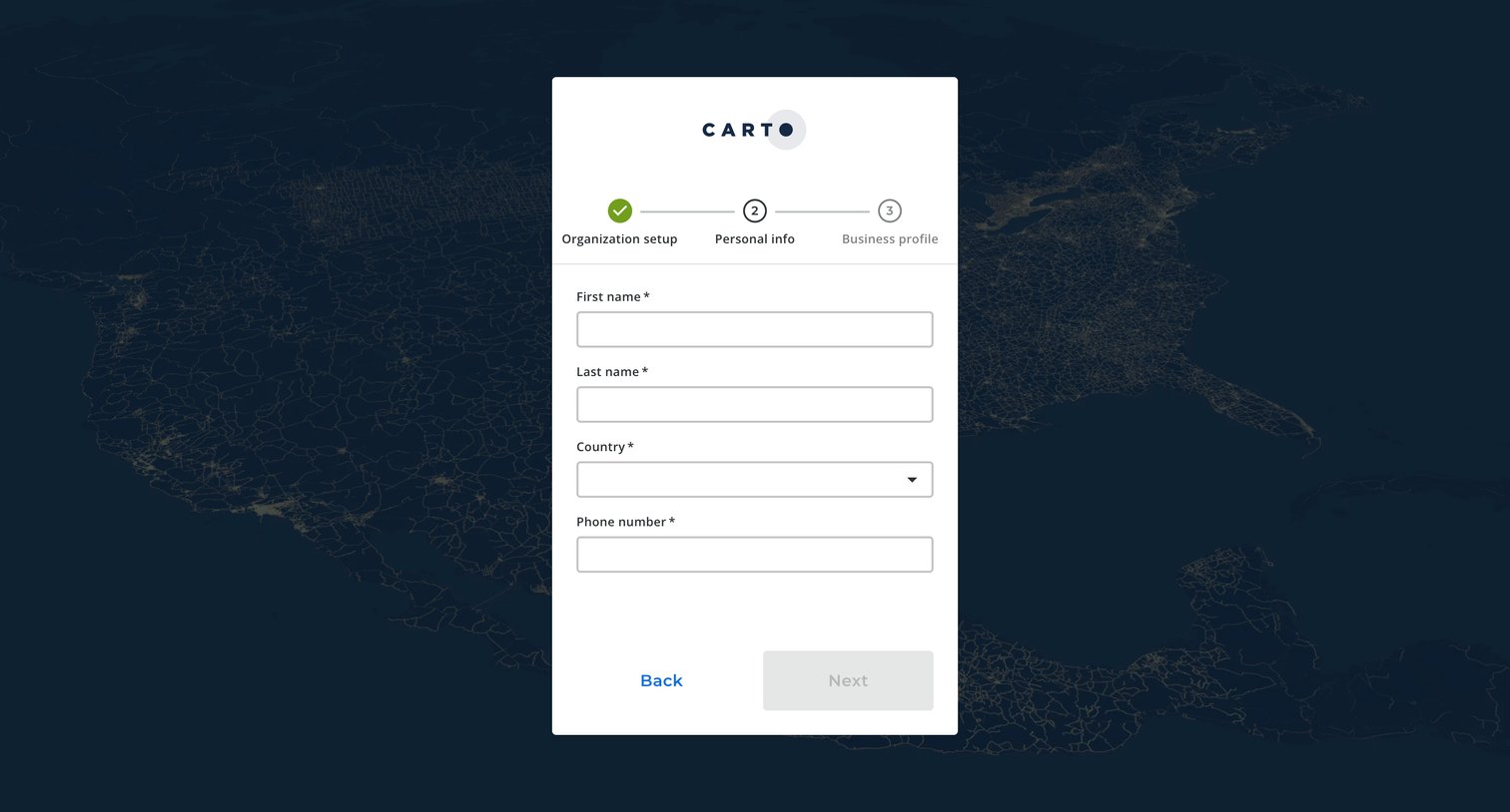 Carto - CARTO Accounts screen