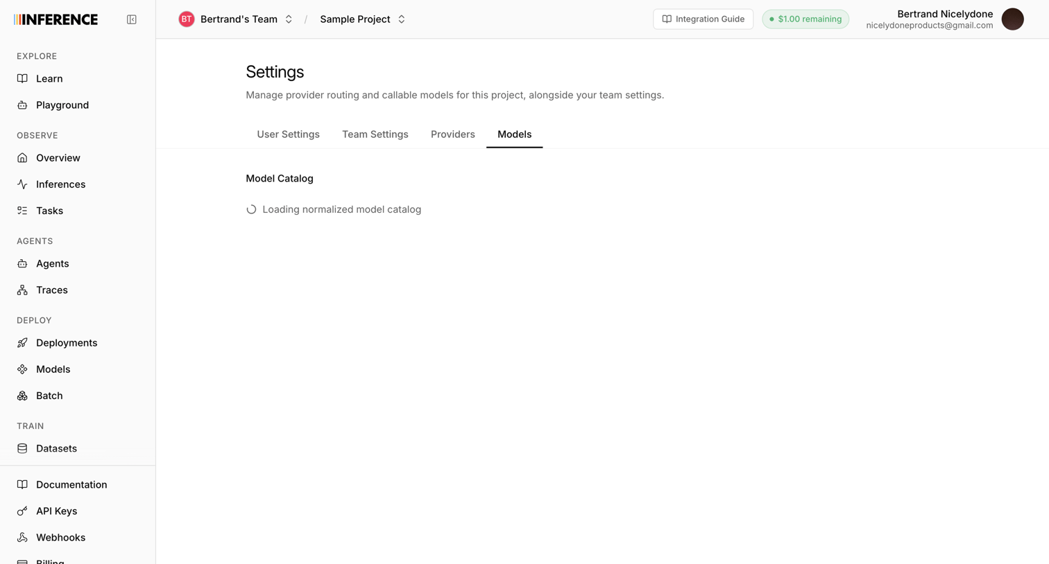 Inference - Settings | inference.net screen