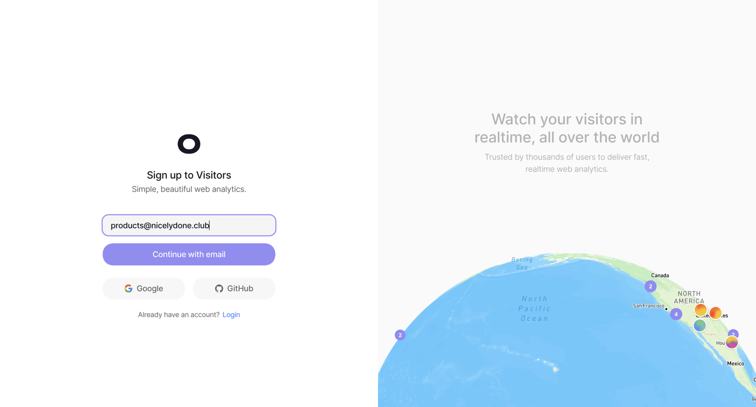 Visitors - Create account - Visitors screen