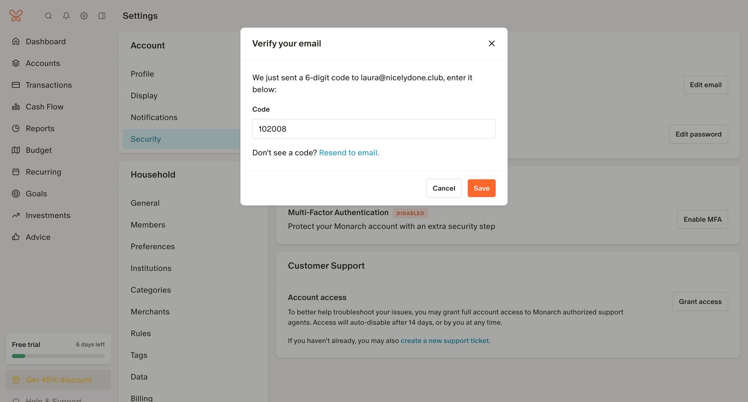 Monarch - Security Settings screen