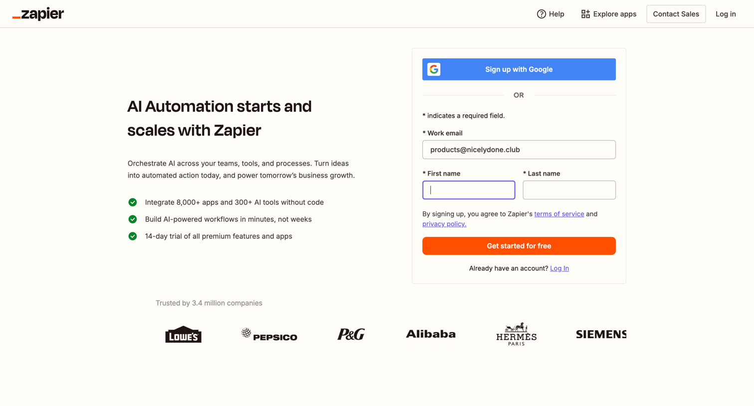 Zapier - Sign up | Zapier screen