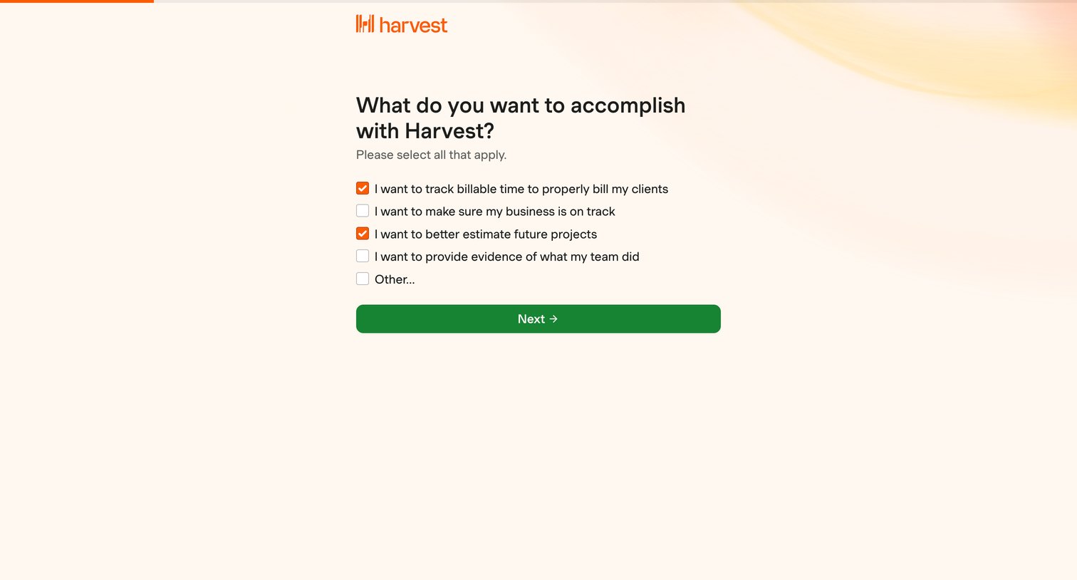 Harvest - Welcome to Harvest screen