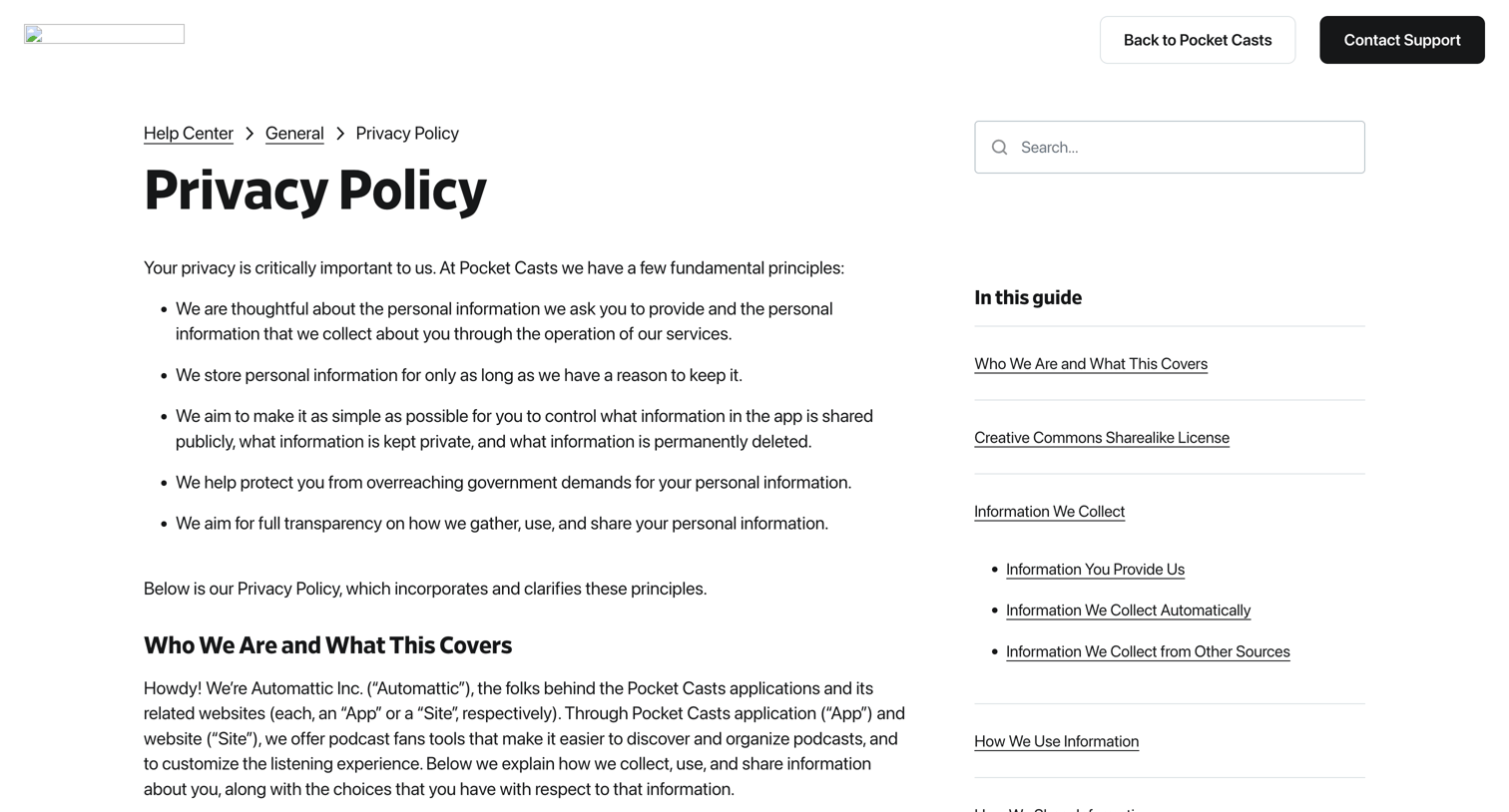 Pocket Casts - Privacy Policy – Pocket Casts Support screen