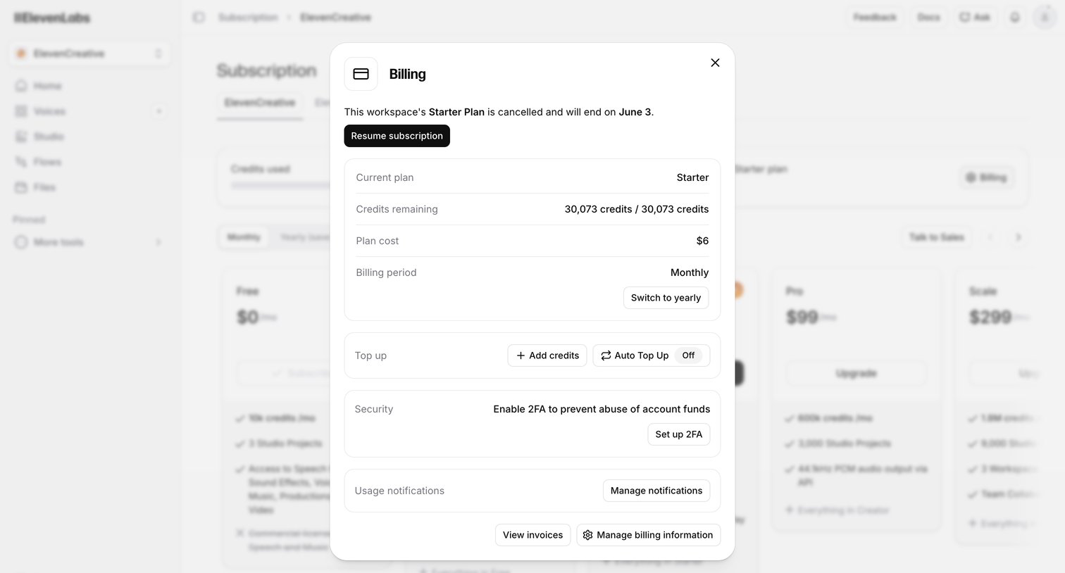 Elevenlabs - Subscription | ElevenLabs screen