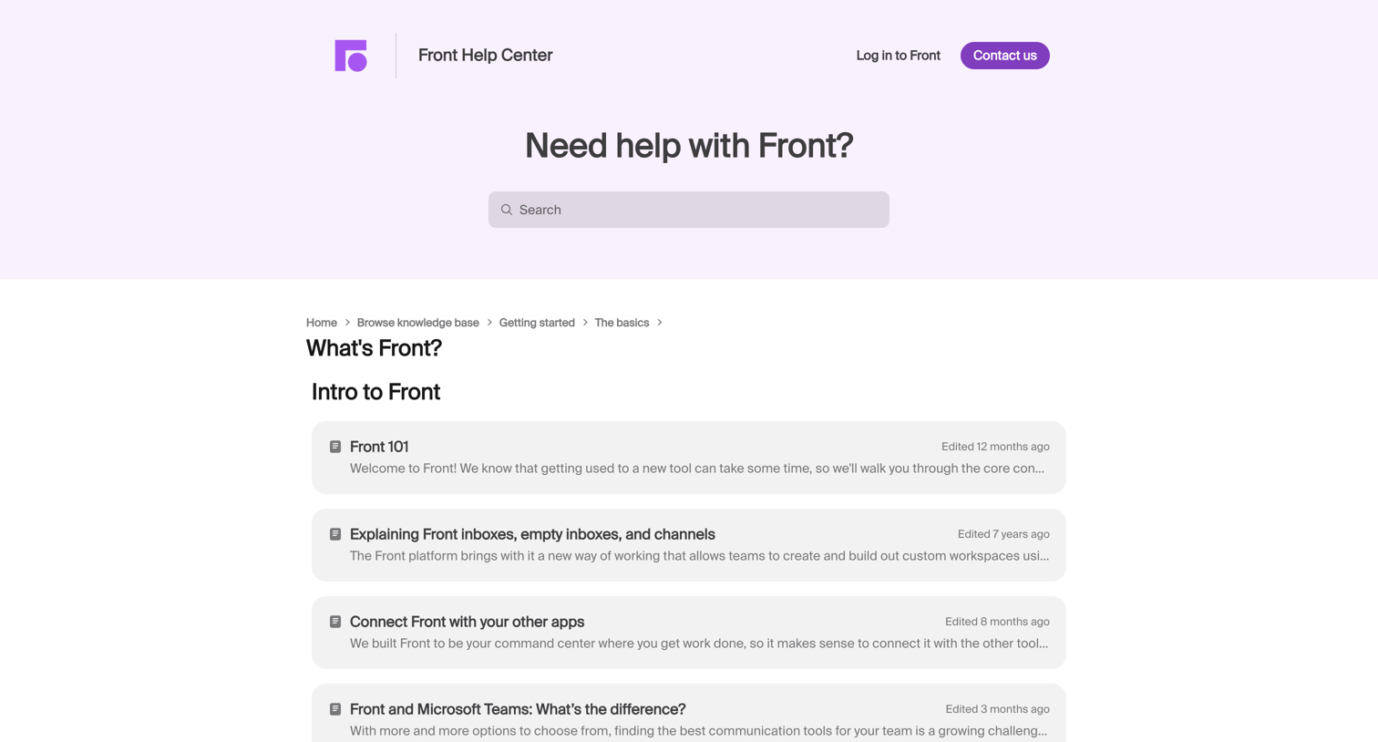 Front - Front Help Center screen