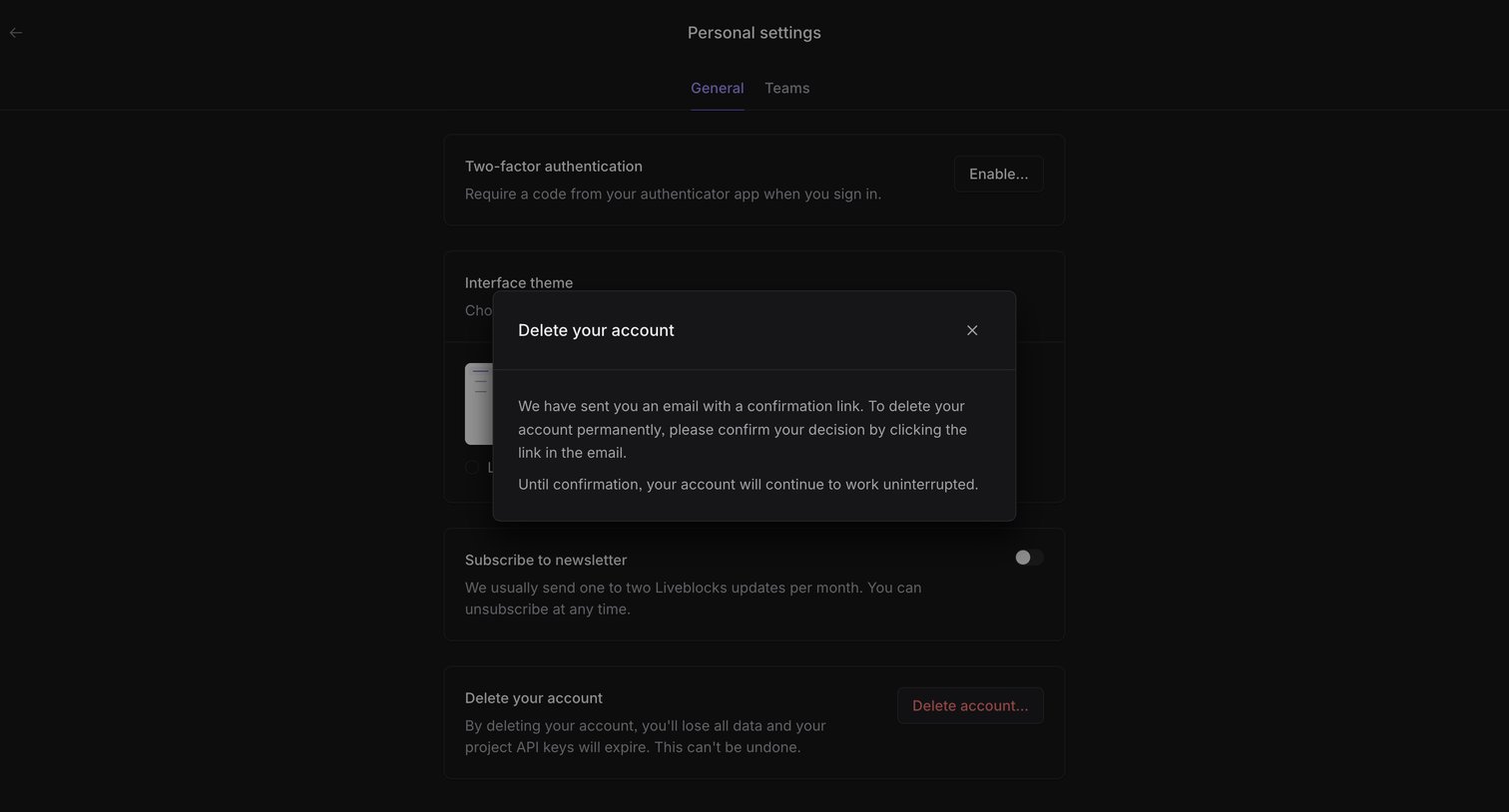 Liveblocks - Personal settings | Liveblocks screen