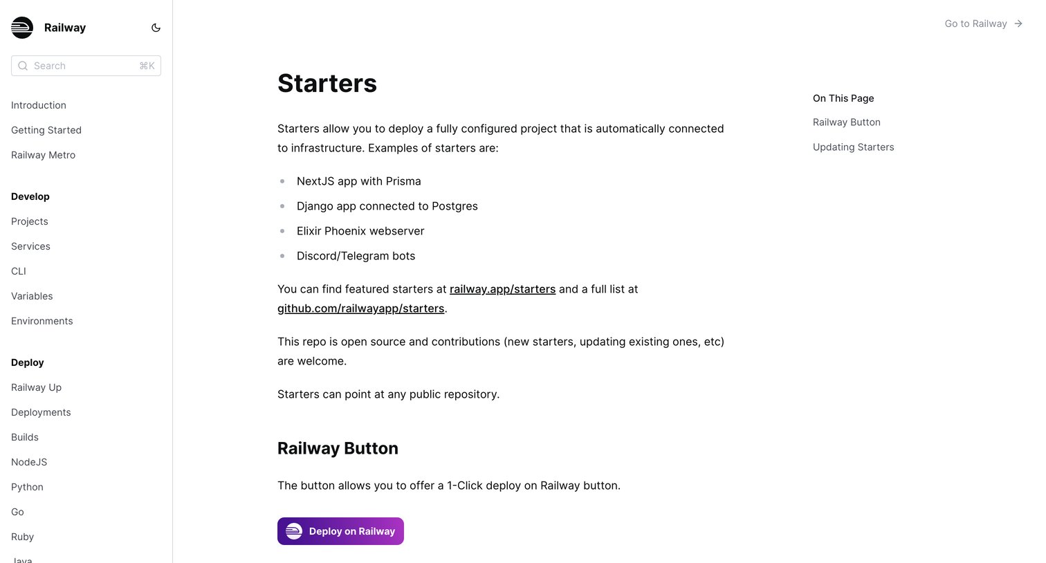 Railway - Starters | Railway Docs screen