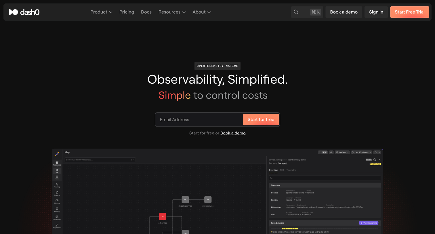 Dash0 - OpenTelemetry Native Observability · Dash0 screen