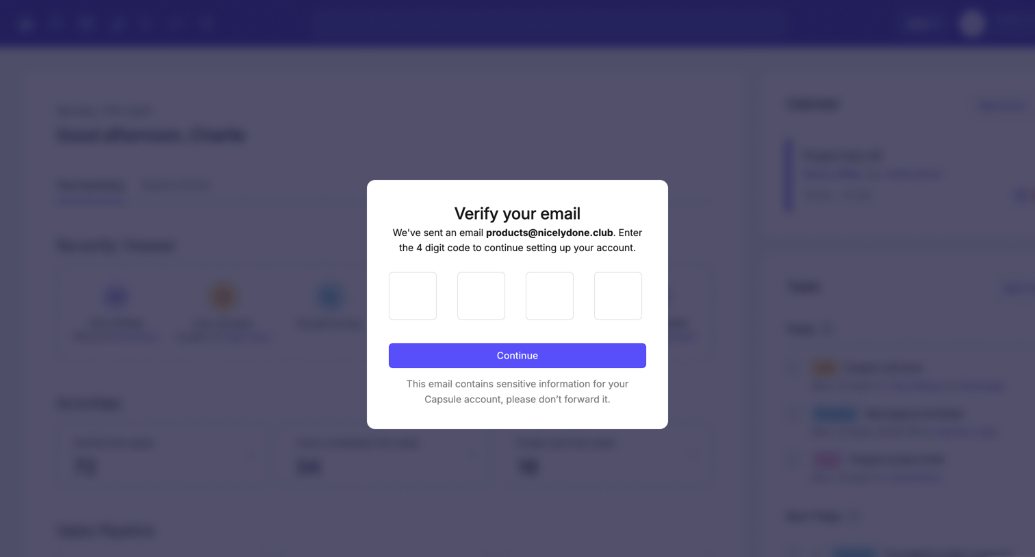 Capsule - auth.capsulecrm.com/register/c2e7e368cd39167ee6446cacc18cb036007e6f1562/verify screen