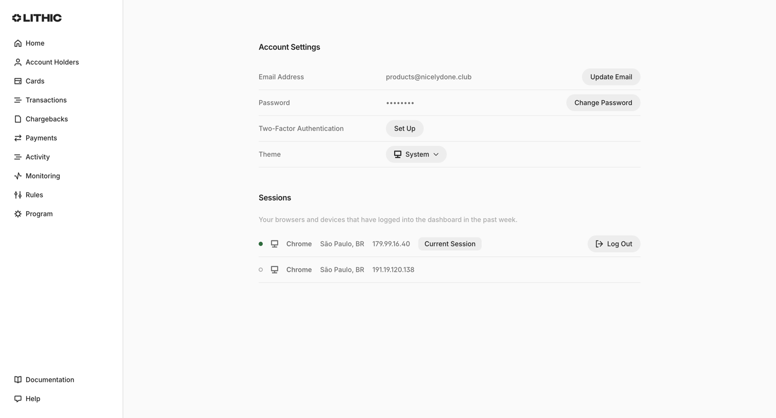 Lithic - Lithic - Account Settings screen