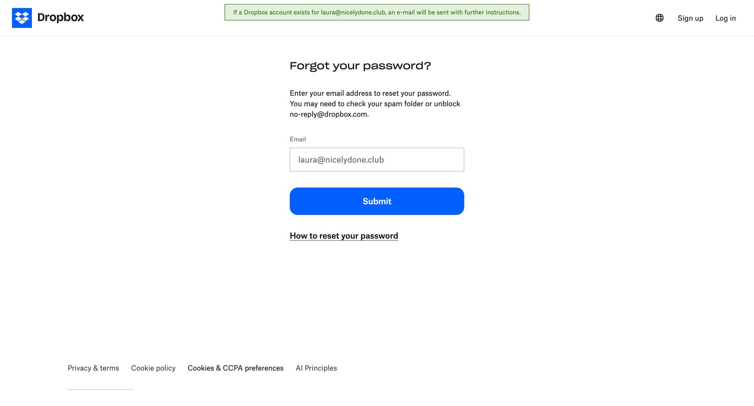 Dropbox - Dropbox - Reset your password screen