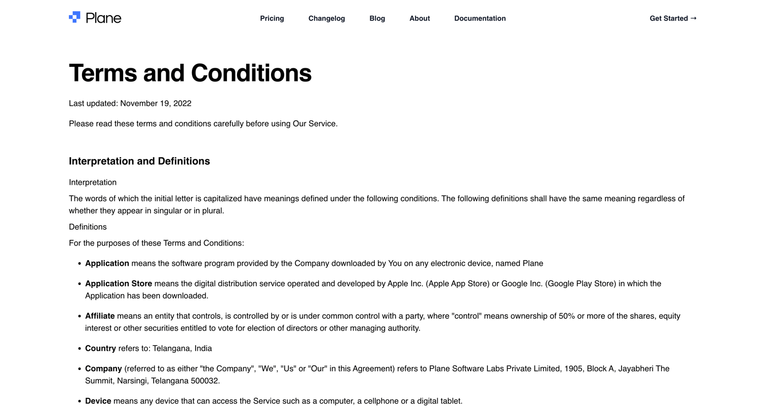 Plane - Terms and Conditions - Plane screen