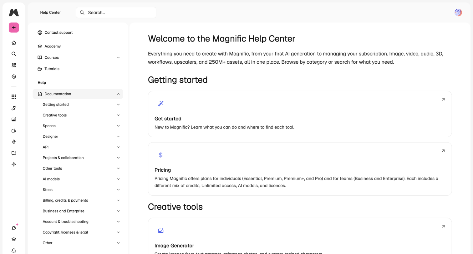 Magnific - Welcome to the Magnific Help Center | AI Suite Documentation screen
