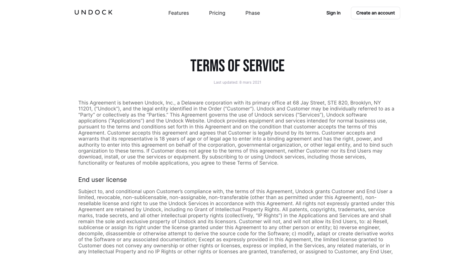 Undock - Undock | Terms of Service screen