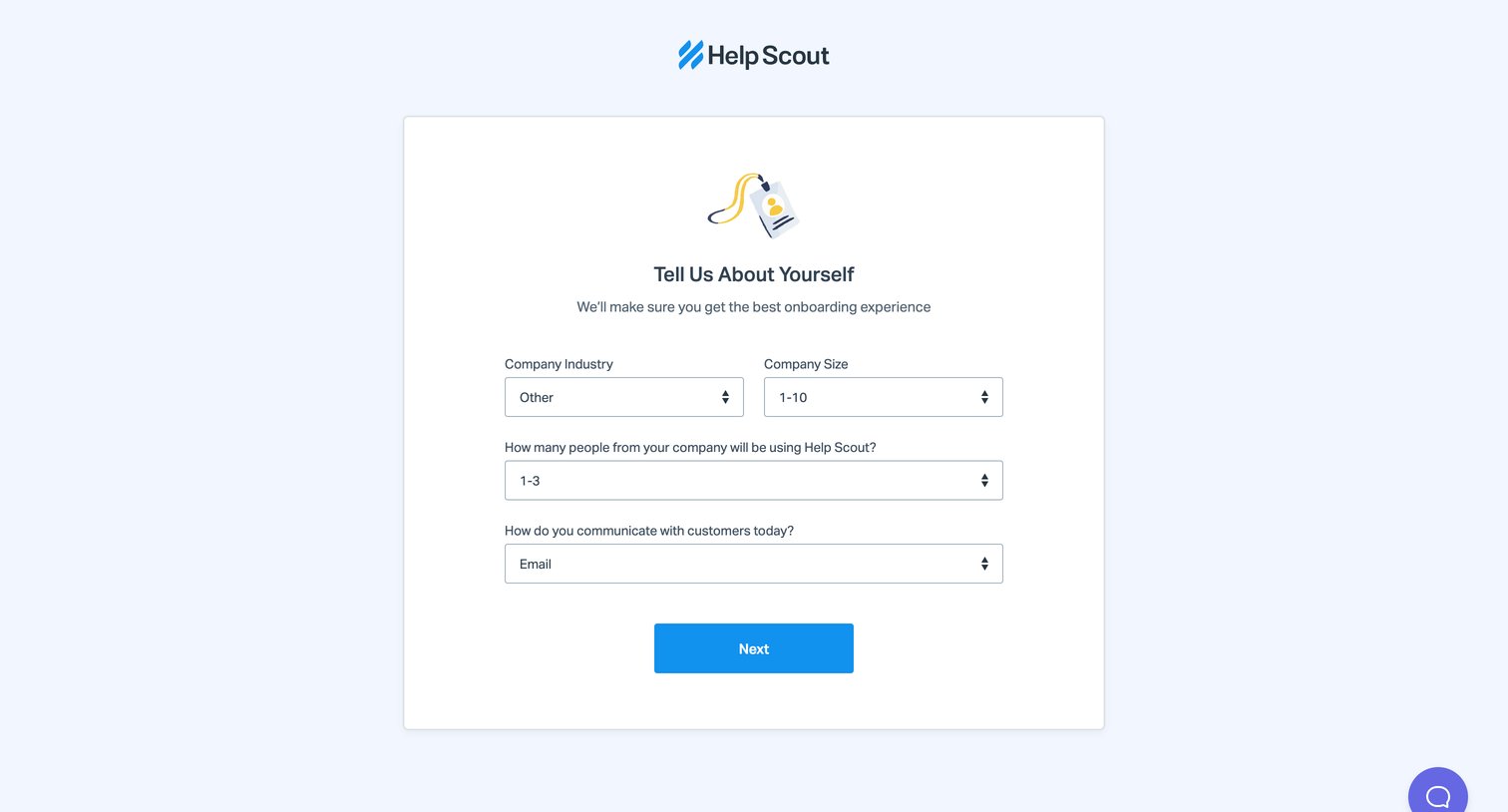 Help Scout - Tell Us About Yourself screen