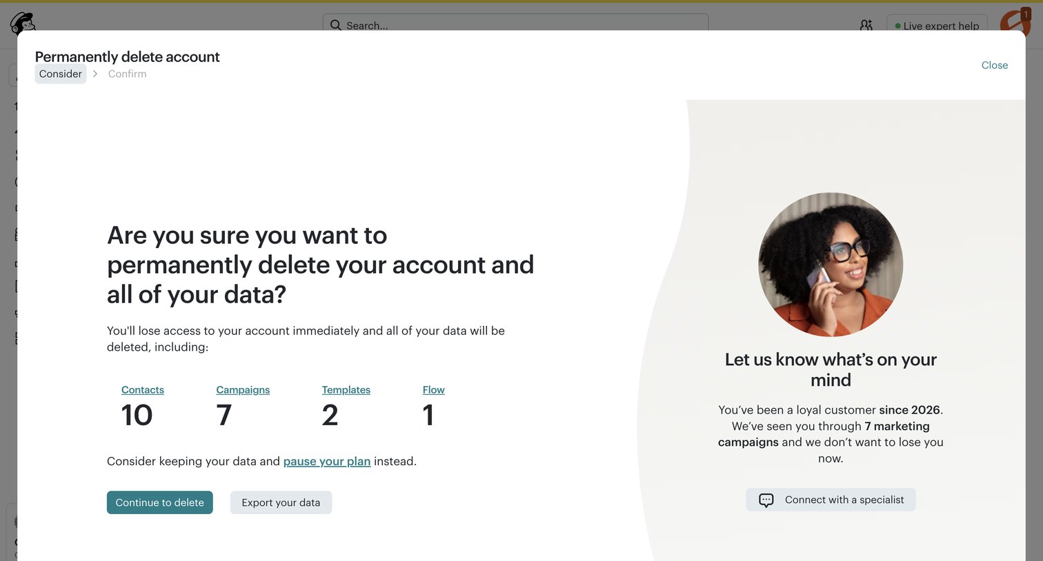 Mailchimp - Account Close | Mailchimp screen