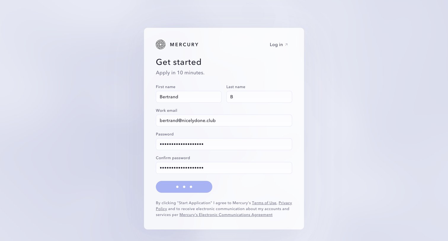 Mercury - Sign Up | Get Started  Mercury screen