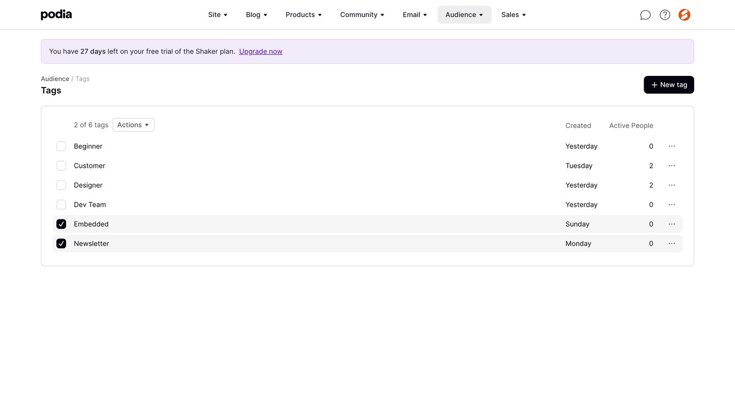 Podia - Podia Tags screen