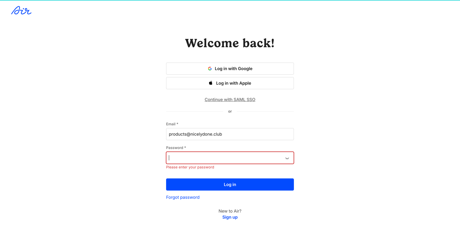Air - Log in / Air screen
