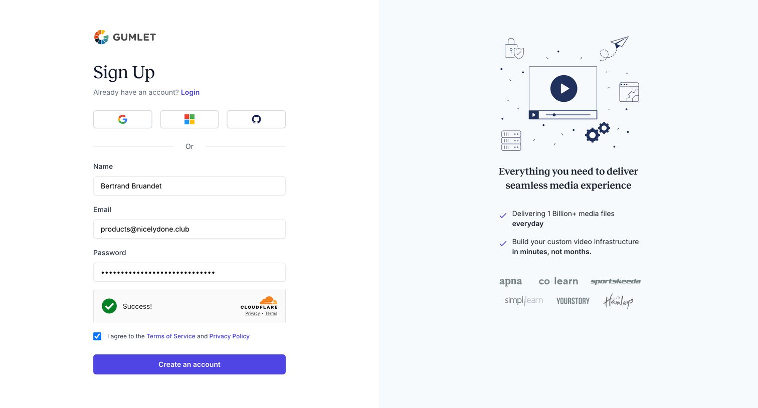 Gumlet - Create Account - Gumlet screen