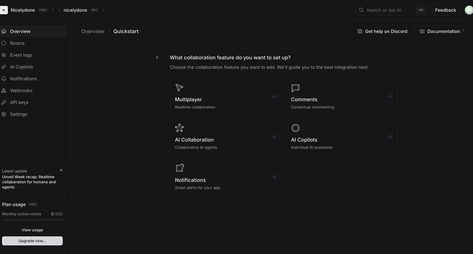 Liveblocks - nicelydone (Development) | nicelydone (Development) | Quickstart screen