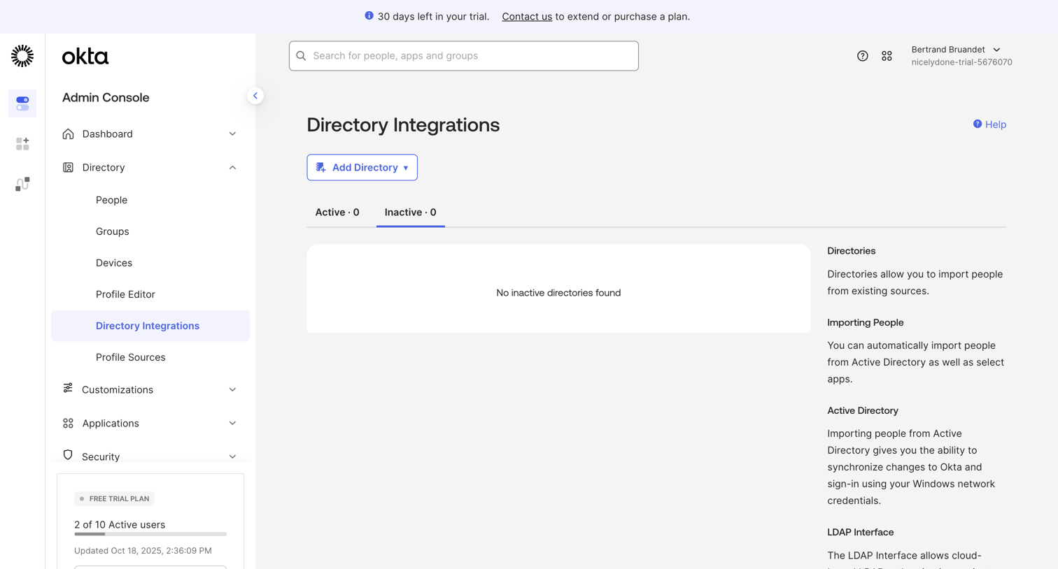 Okta - nicelydone-trial-5676070 - Directories screen